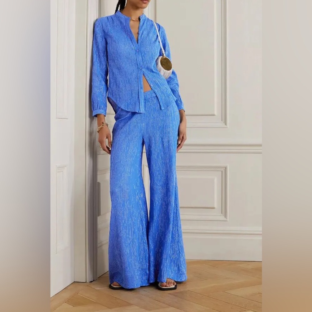 Suzie Kondi Elira Metallic Striped Cotton-Blend Gauze Bellbottoms & Top Set M
